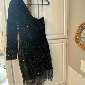 Lk New. Chic Me. Sequin One Shoulder Long Sleeve Fringed Mini~sz S